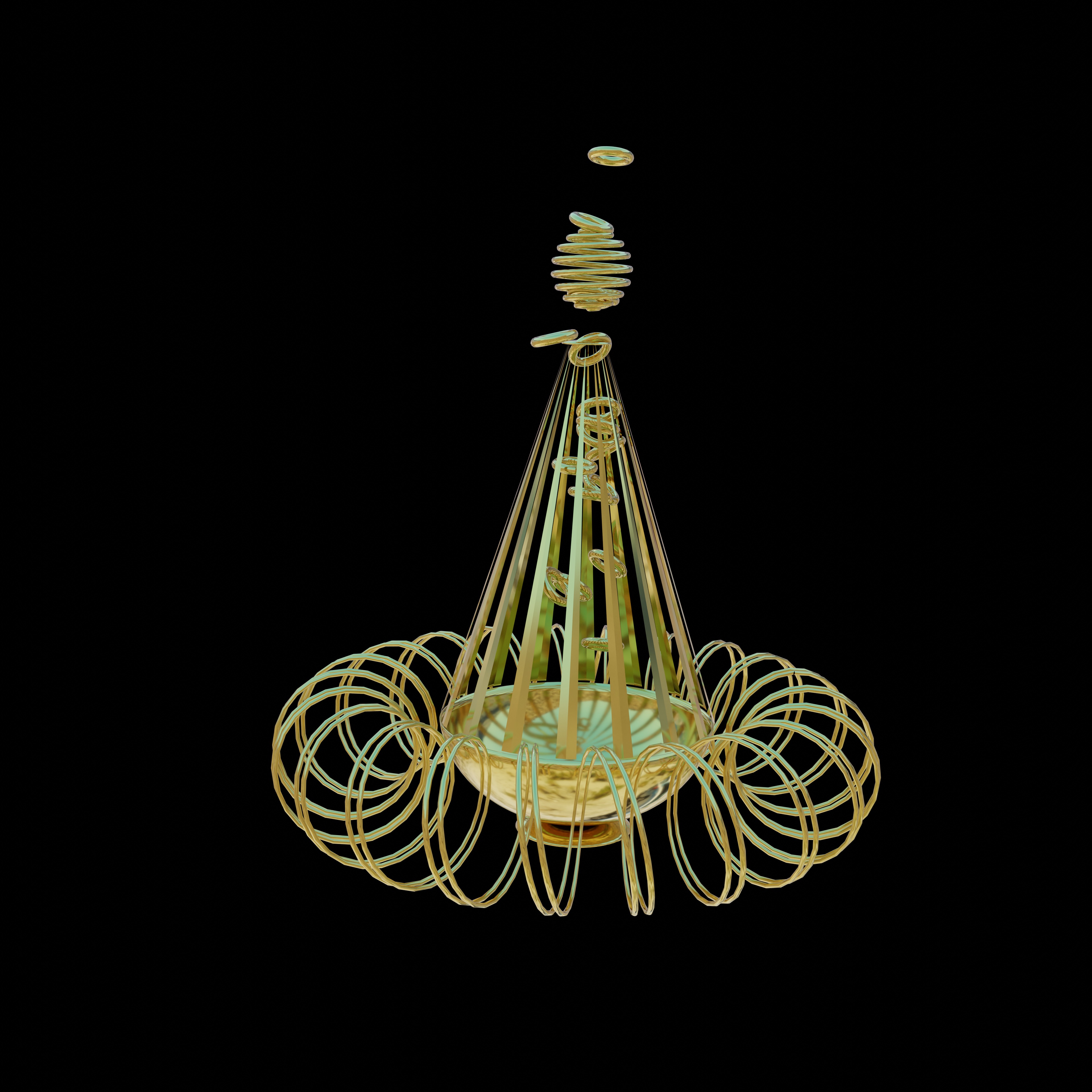 The basic form is a gold reflective shape on a black background. Many people say it looks like a chandelier. A shallow smooth cup with a circular base welded to the bottom, with flat triangles extruding from the rim converging above to form a cone shape, tapering to points at the top. Surrounding the cup are two circular spirals slightly offset in phase from each other. Floating in the center of the cone are 10 small rings. A spherical spiral sits above the cone.